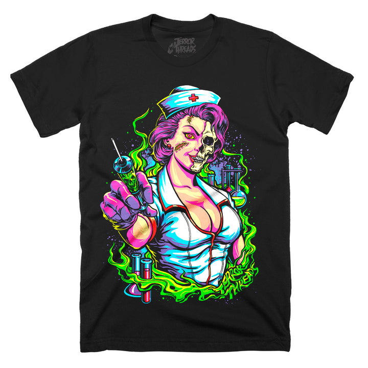 Midnight Nurse Second Dose T-Shirt on a black Classic Terror Threads Tee featuring a half-skeletal nurse holding a syringe amid neon green fumes and laboratory vials