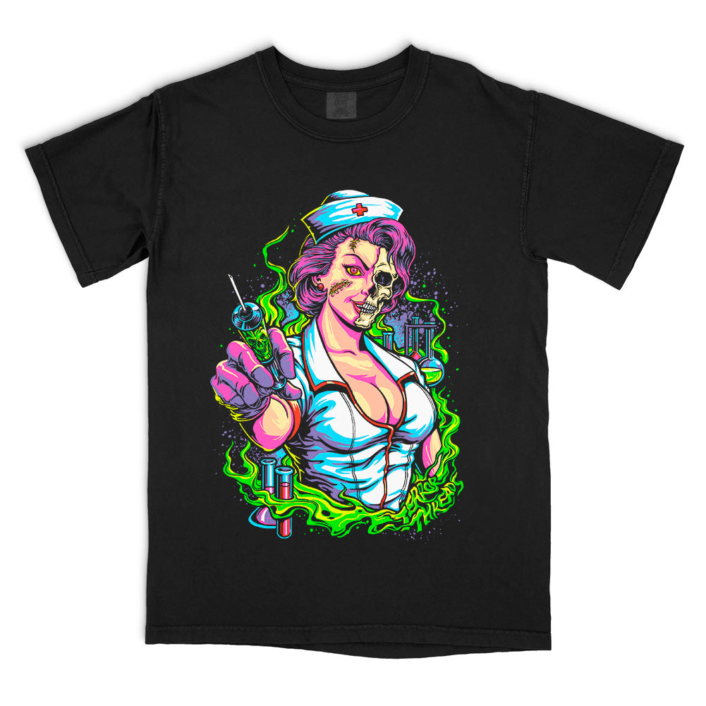 Midnight Nurse Second Dose T-Shirt on a black Comfort Colors Tee featuring a half-skeletal nurse holding a syringe amid neon green fumes and laboratory vials