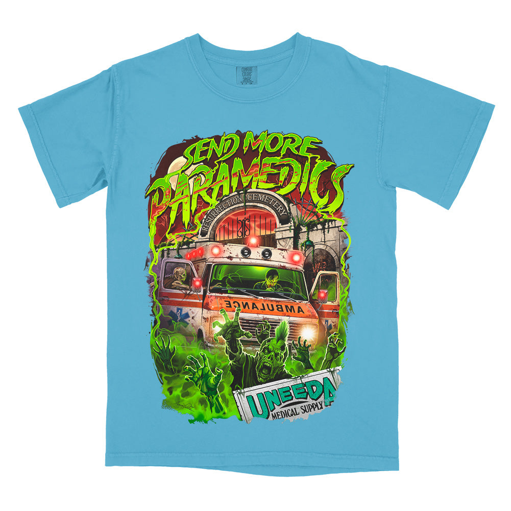 The Return of the Living Dead Send More Paramedics design printed on a bright blue Comfort Colors tee