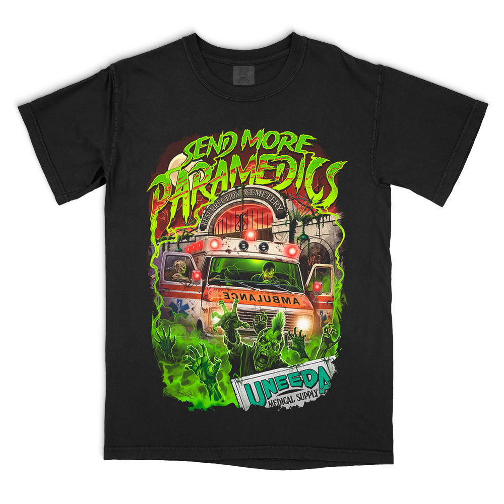 The Return of the Living Dead Send More Paramedics design printed on a black Comfort Colors tee