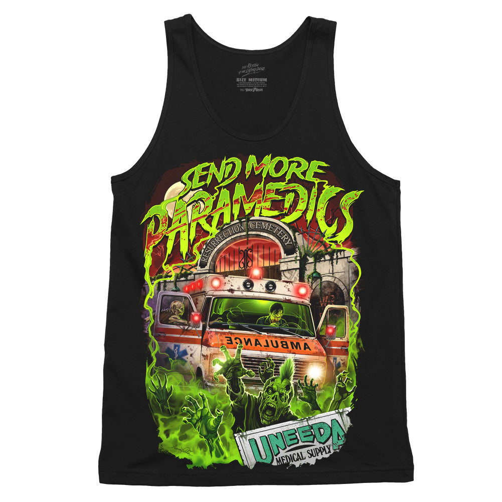 The Return of the Living Dead Send More Paramedics design printed on a black tank top