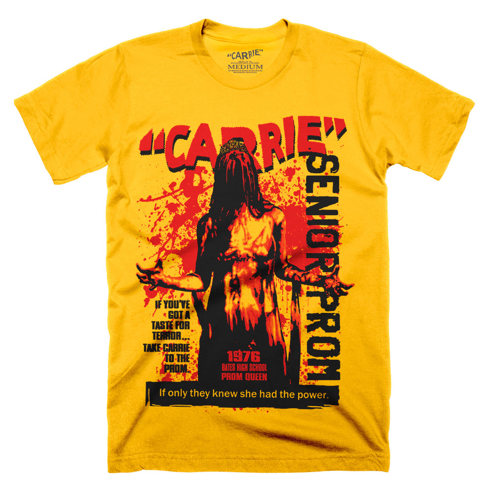 Carrie Senior Prom T-Shirt on a yellow Classic Terror Threads Tee featuring a blood-covered Carrie crowned prom queen in a bold red and black retro horror design