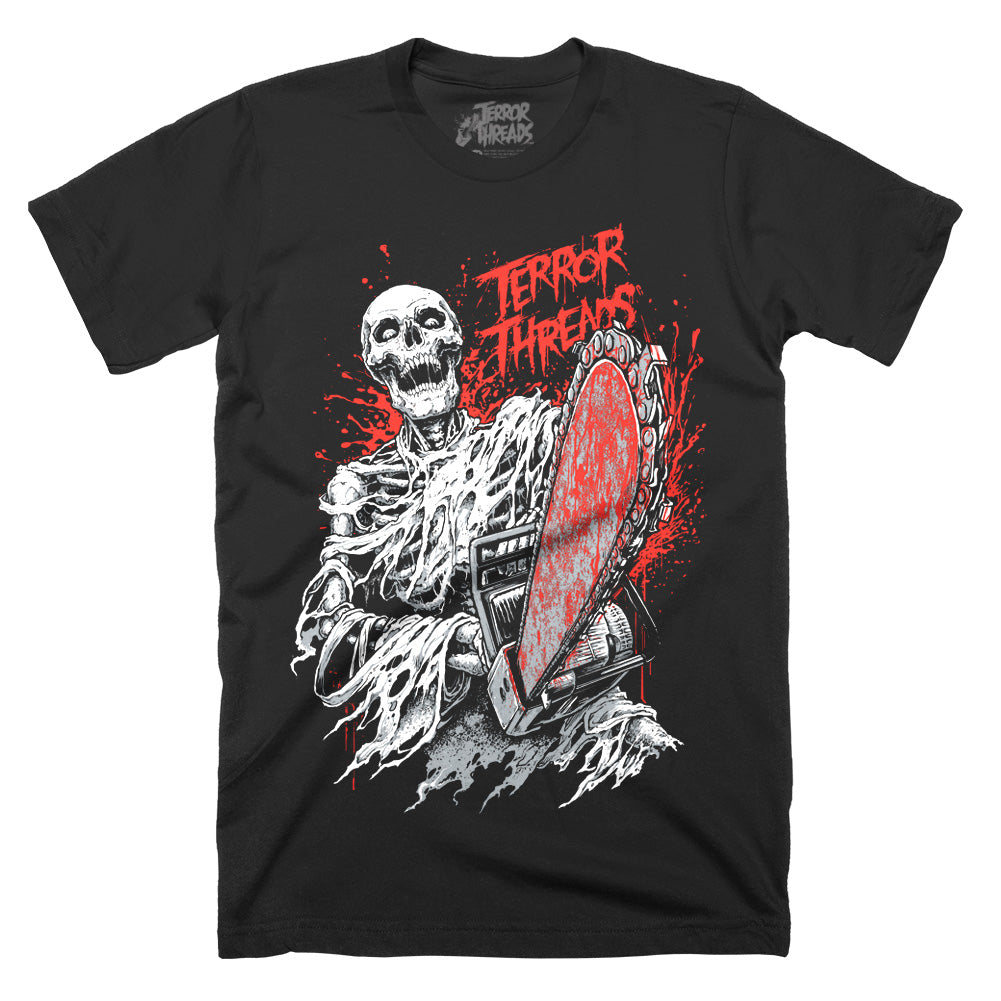 Sin and Bones Bloody Skeleton Chainsaw Horror T-Shirt
