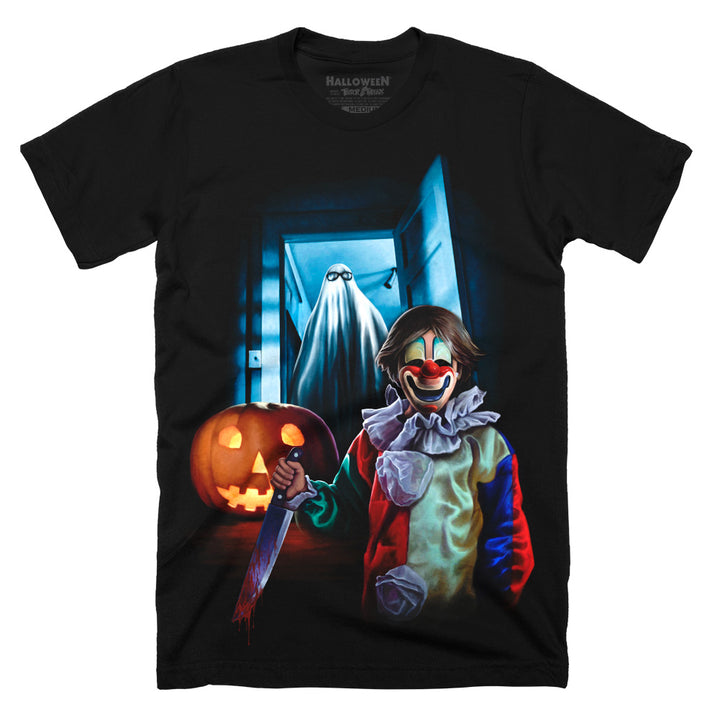 Halloween “Sleep Tight” T-Shirt featuring a sinister clown holding a bloodied knife with a glowing jack-o’-lantern and ghostly figure in a doorway, printed on a black classic fit Terror Threads tee.