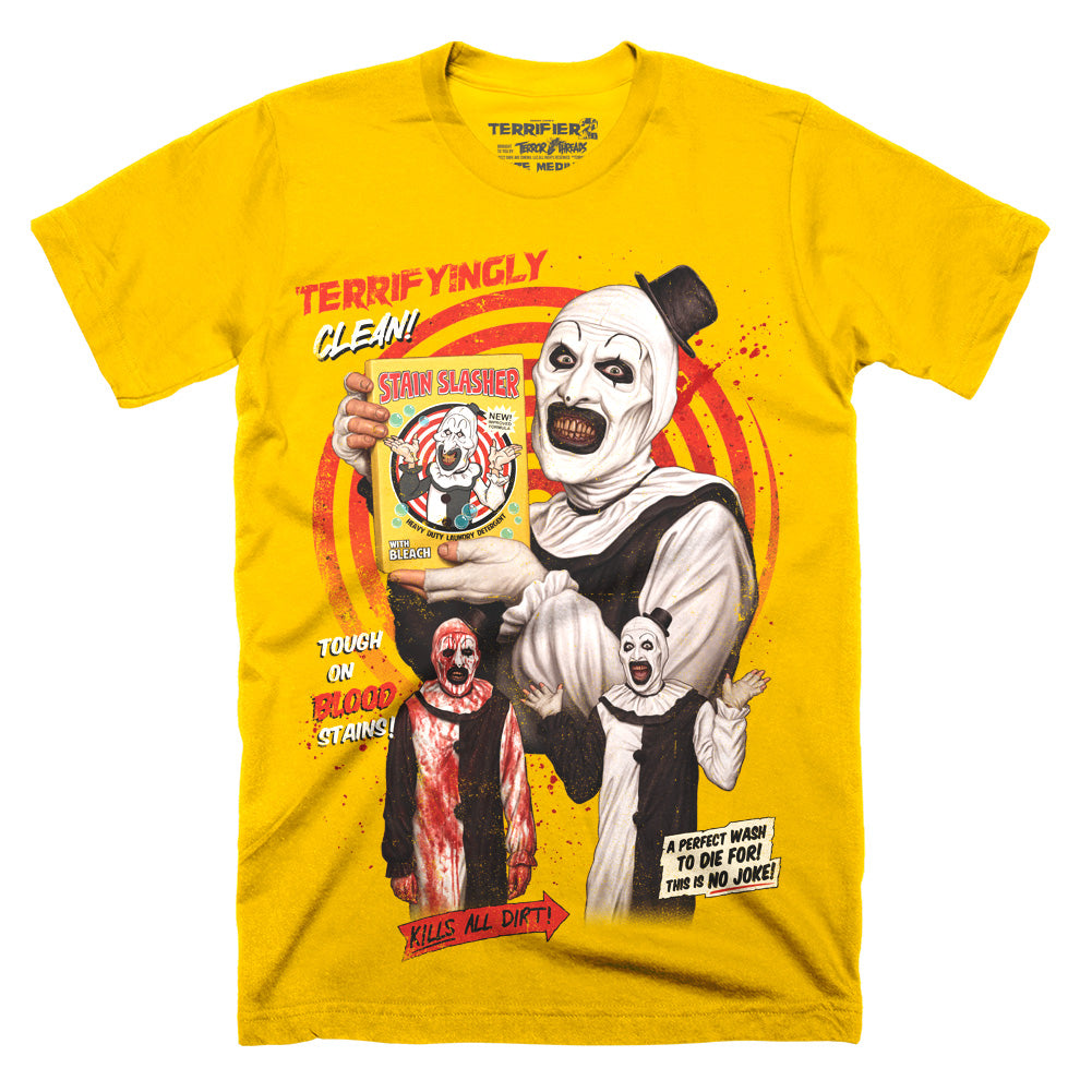 Officially licensed Terrifier 2 Hours of Terror Stain Slasher design featuring Art the Clown on a gold Classic Terror Threads T-shirt