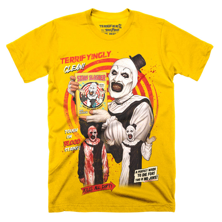 Officially licensed Terrifier 2 Hours of Terror Stain Slasher design featuring Art the Clown on a gold Classic Terror Threads T-shirt
