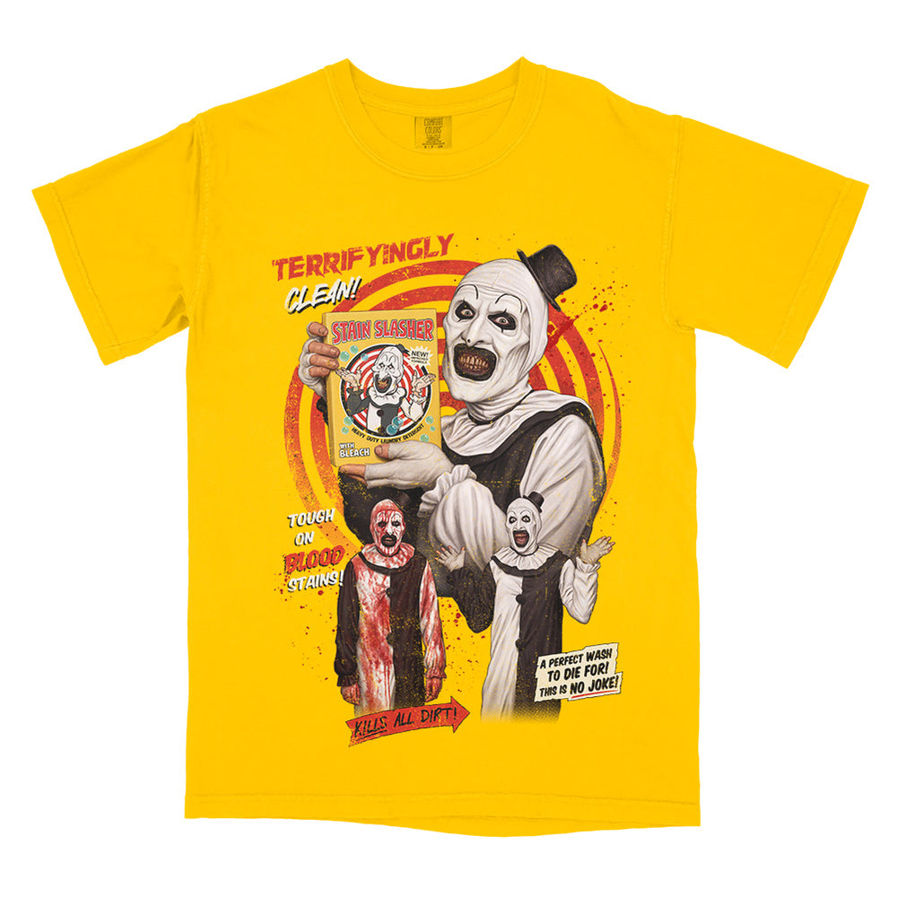 Officially licensed Terrifier 2 Hours of Terror Stain Slasher design featuring Art the Clown on a gold Comfort Colors T-shirt