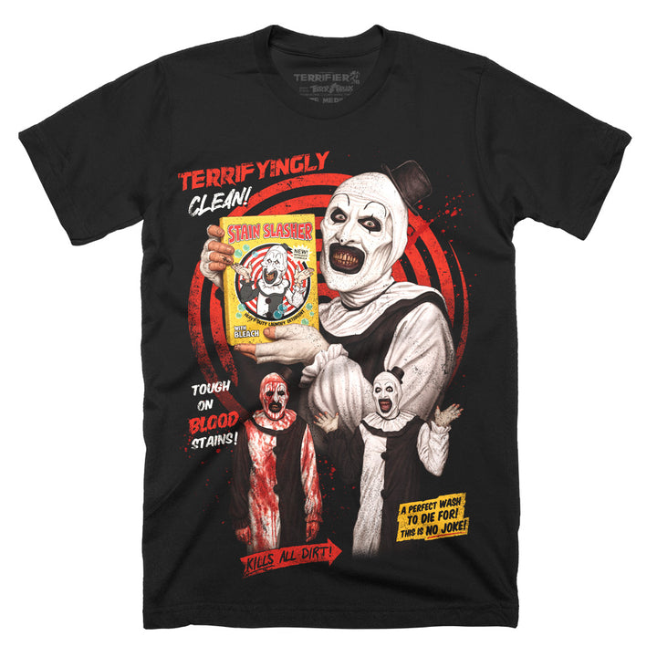 Officially licensed Terrifier 2 Stain Slasher graphic T-shirt featuring Art the Clown holding a vintage bleach box on a black Classic Terror Threads Tee