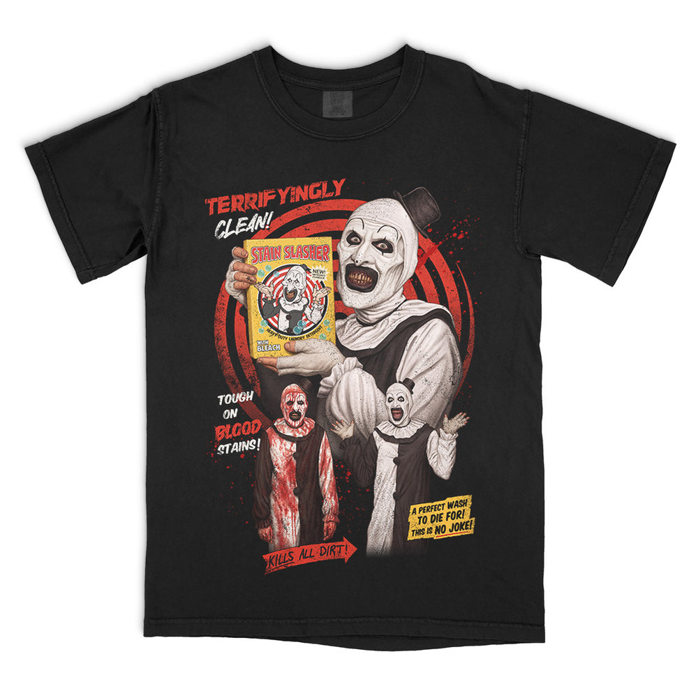 Officially licensed Terrifier 2 Stain Slasher graphic T-shirt featuring Art the Clown holding a vintage bleach box on a black Comfort Colors Tee