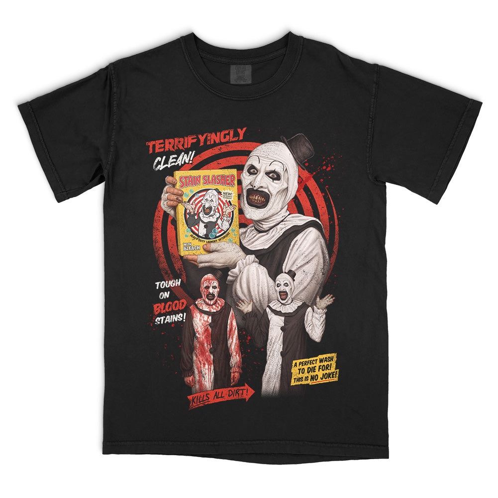 Officially licensed Terrifier 2 Stain Slasher graphic T-shirt featuring Art the Clown holding a vintage bleach box on a black Comfort Colors Tee