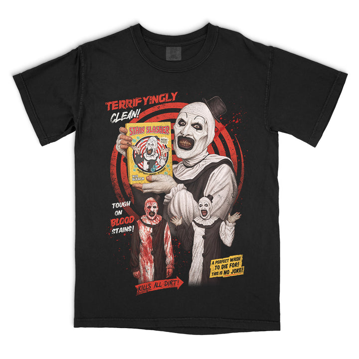 Officially licensed Terrifier 2 Stain Slasher graphic T-shirt featuring Art the Clown holding a vintage bleach box on a black Comfort Colors Tee