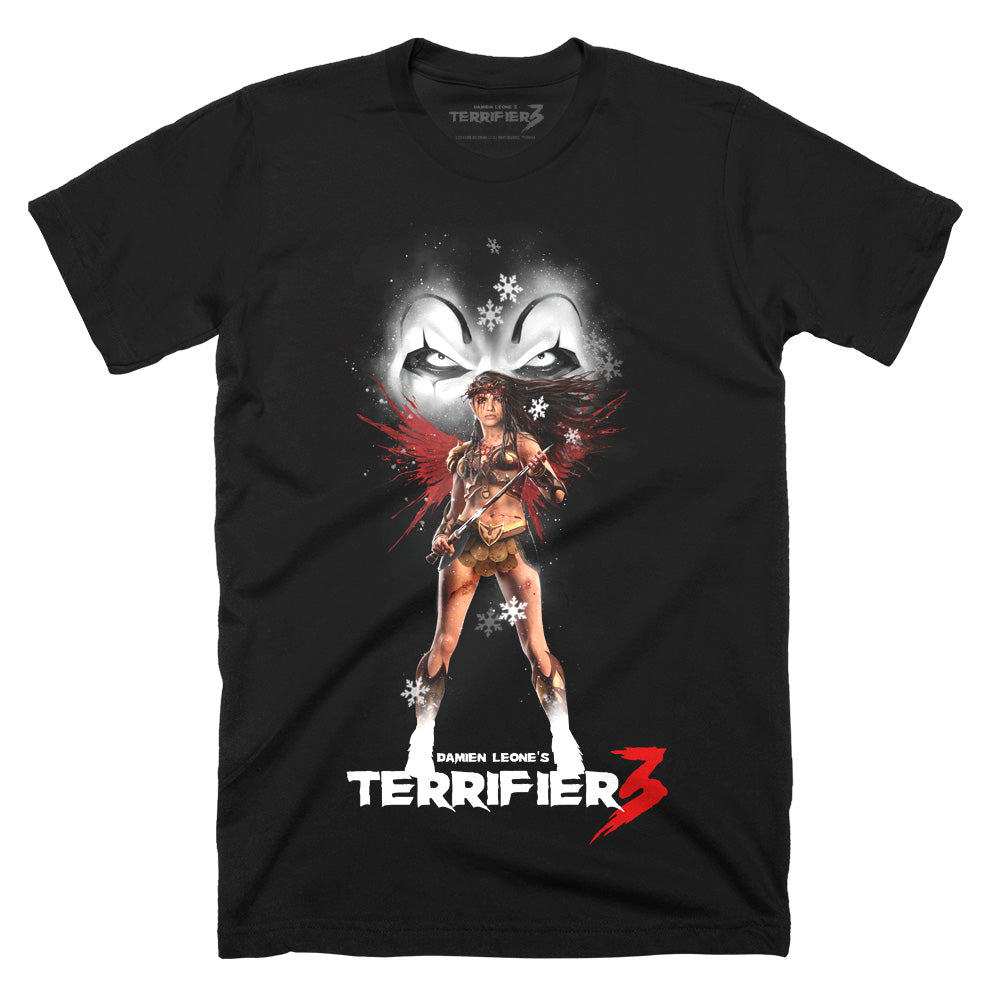 Terrifier 3 Stand Your Ground T-Shirt on a black Classic Terror Threads Tee featuring Sienna Shaw holding a sword beneath the sinister eyes of Art the Clown
