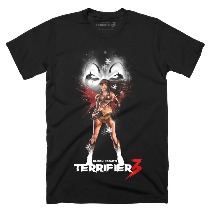 Terrifier 3 Stand Your Ground T-Shirt on a black Classic Terror Threads Tee featuring Sienna Shaw holding a sword beneath the sinister eyes of Art the Clown