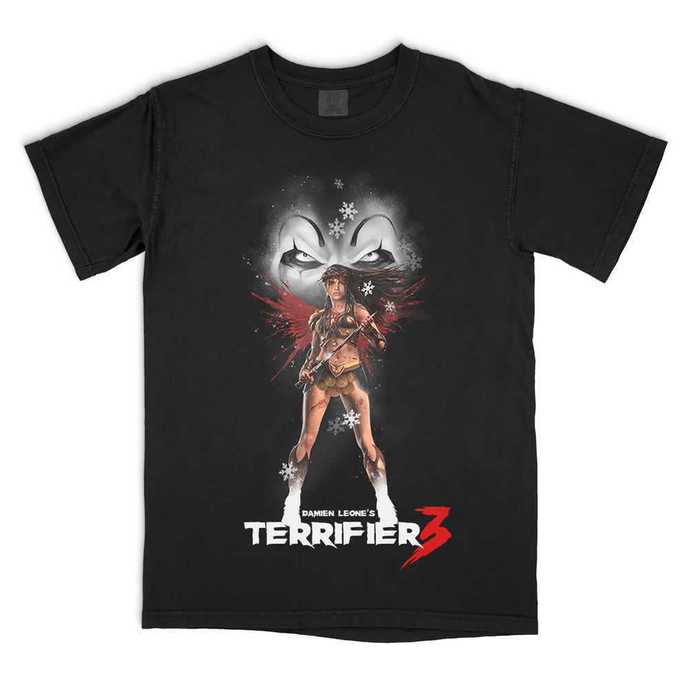 Terrifier 3 Stand Your Ground T-Shirt on a black Comfort Colors Tee featuring Sienna Shaw holding a sword beneath the sinister eyes of Art the Clown