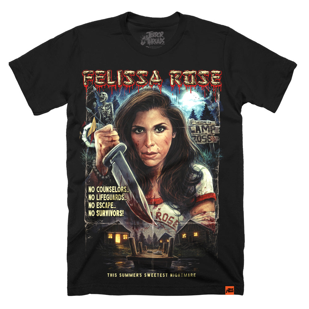 Black T-shirt featuring Felissa Rose holding a knife in a detailed horror illustration with cabins, fog, and the text ‘Sweetest Nightmare.