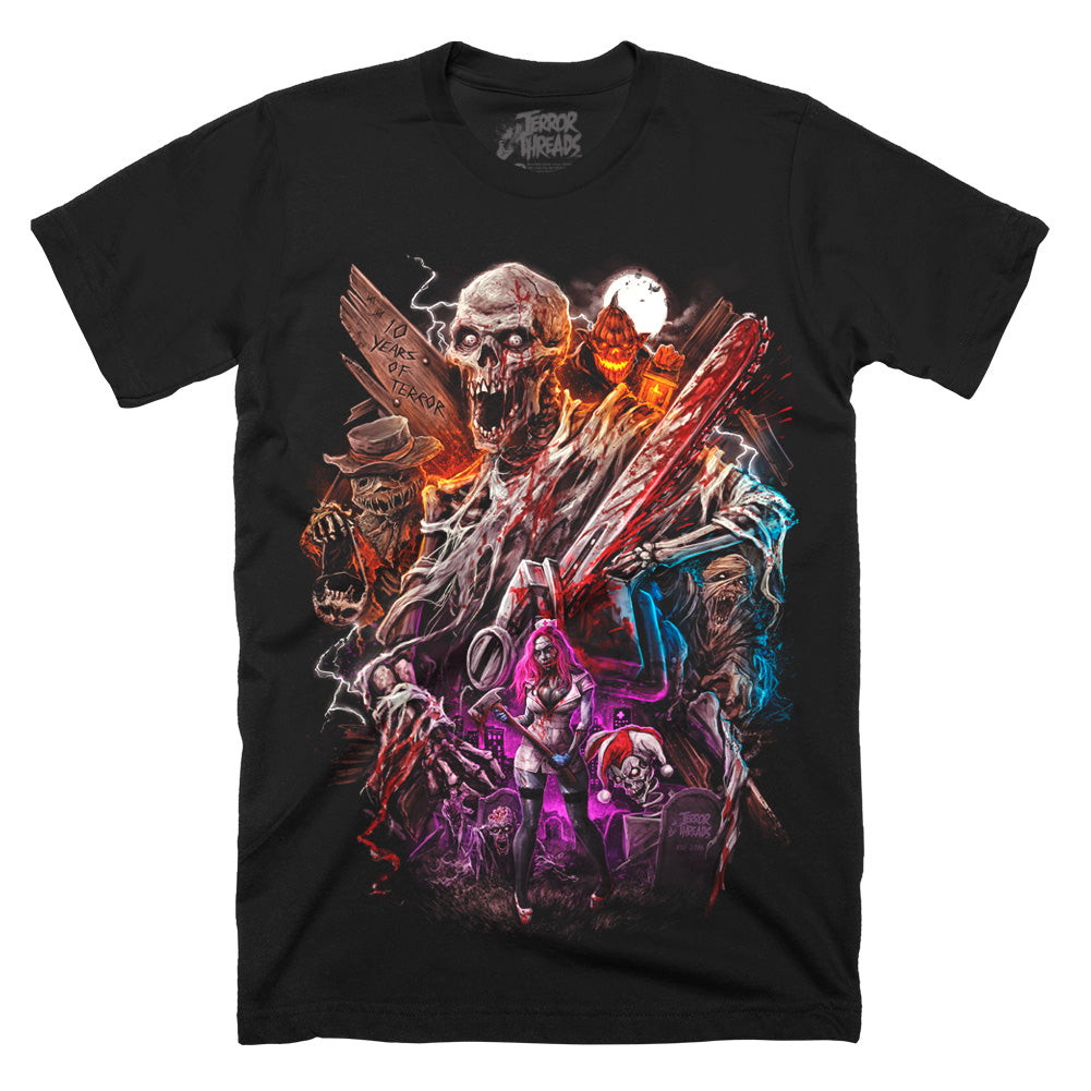 Terror Threads Ten Years of Terror T-Shirt on a black Classic Terror Threads Tee featuring a colorful collage of original horror monsters, slashers and undead characters
