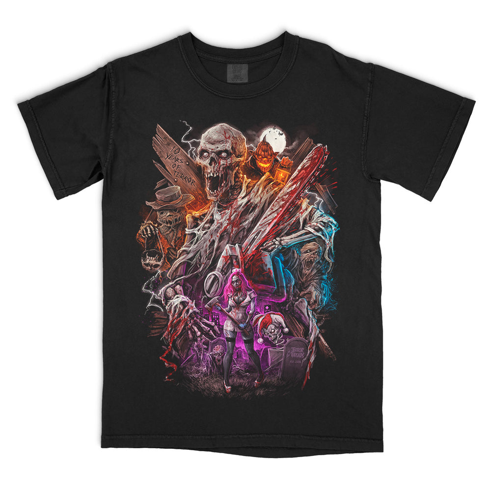 Terror Threads Ten Years of Terror T-Shirt on a black Comfort Colors Tee featuring a colorful collage of original horror monsters, slashers and undead characters