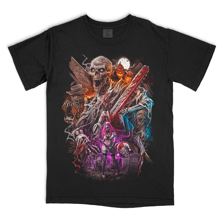 Terror Threads Ten Years of Terror T-Shirt on a black Comfort Colors Tee featuring a colorful collage of original horror monsters, slashers and undead characters