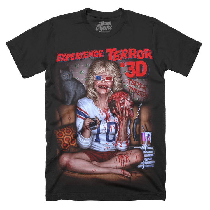 Terror Threads Terror In 3D T-Shirt featuring horror fan in 3D glasses holding severed head with blood and retro VHS-style artwork