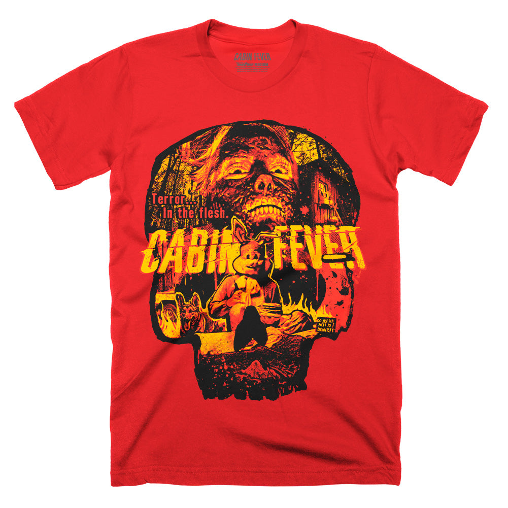 Cabin Fever Terror in the Flesh T-Shirt on a red Classic Terror Threads Tee featuring a flesh-eating infection collage inside a skull-shaped design