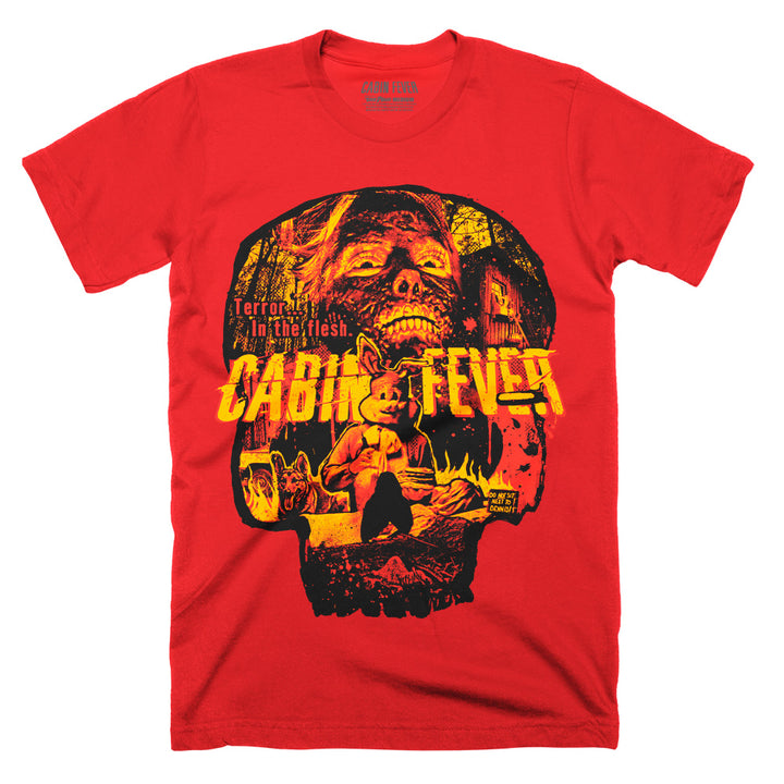 Cabin Fever Terror in the Flesh T-Shirt on a red Classic Terror Threads Tee featuring a flesh-eating infection collage inside a skull-shaped design