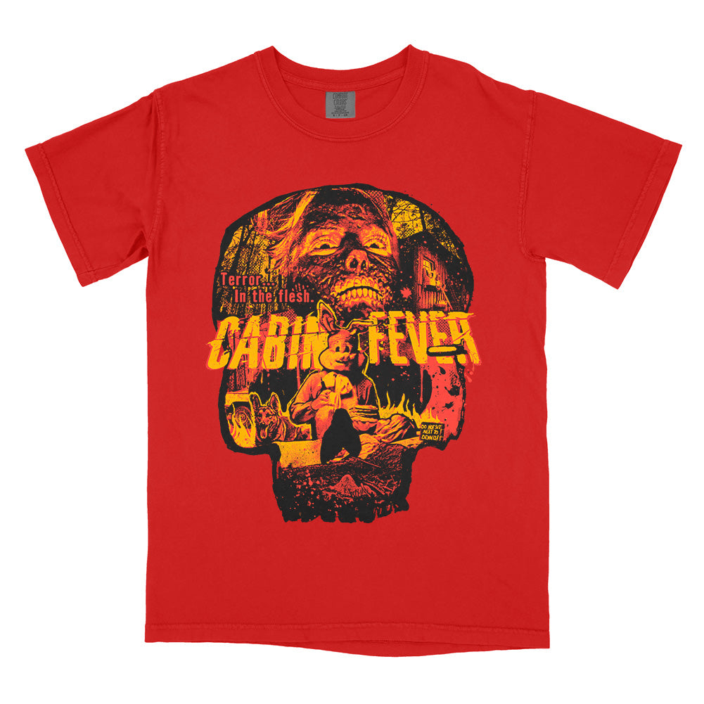 Cabin Fever Terror in the Flesh T-Shirt on a red Comfort Colors Tee featuring a flesh-eating infection collage inside a skull-shaped design