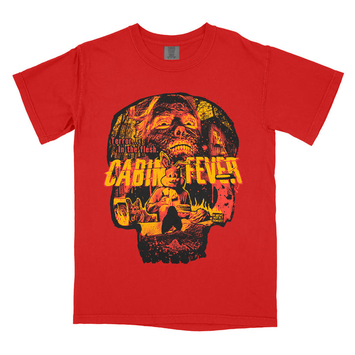 Cabin Fever Terror in the Flesh T-Shirt on a red Comfort Colors Tee featuring a flesh-eating infection collage inside a skull-shaped design