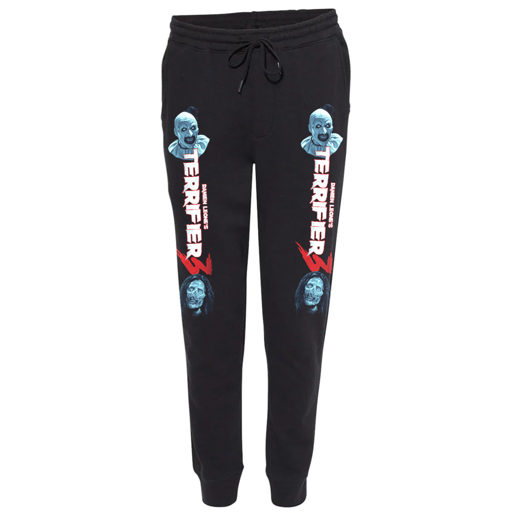 terrifier 3 joggers featuring art the clown artwork printed down both legs