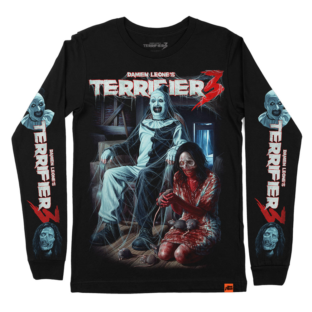 Terrifier 3 Terrors In The Attic long sleeve shirt featuring Art the Clown in a cobweb-covered rocking chair with a blood-soaked figure and rats, with character art and Terrifier 3 logos on both sleeves