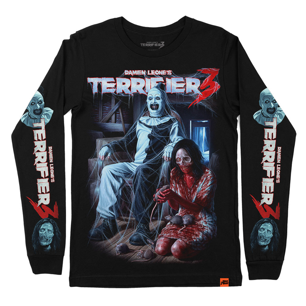 Terrifier 3 Terrors In The Attic long sleeve shirt featuring Art the Clown in a cobweb-covered rocking chair with a blood-soaked figure and rats, with character art and Terrifier 3 logos on both sleeves