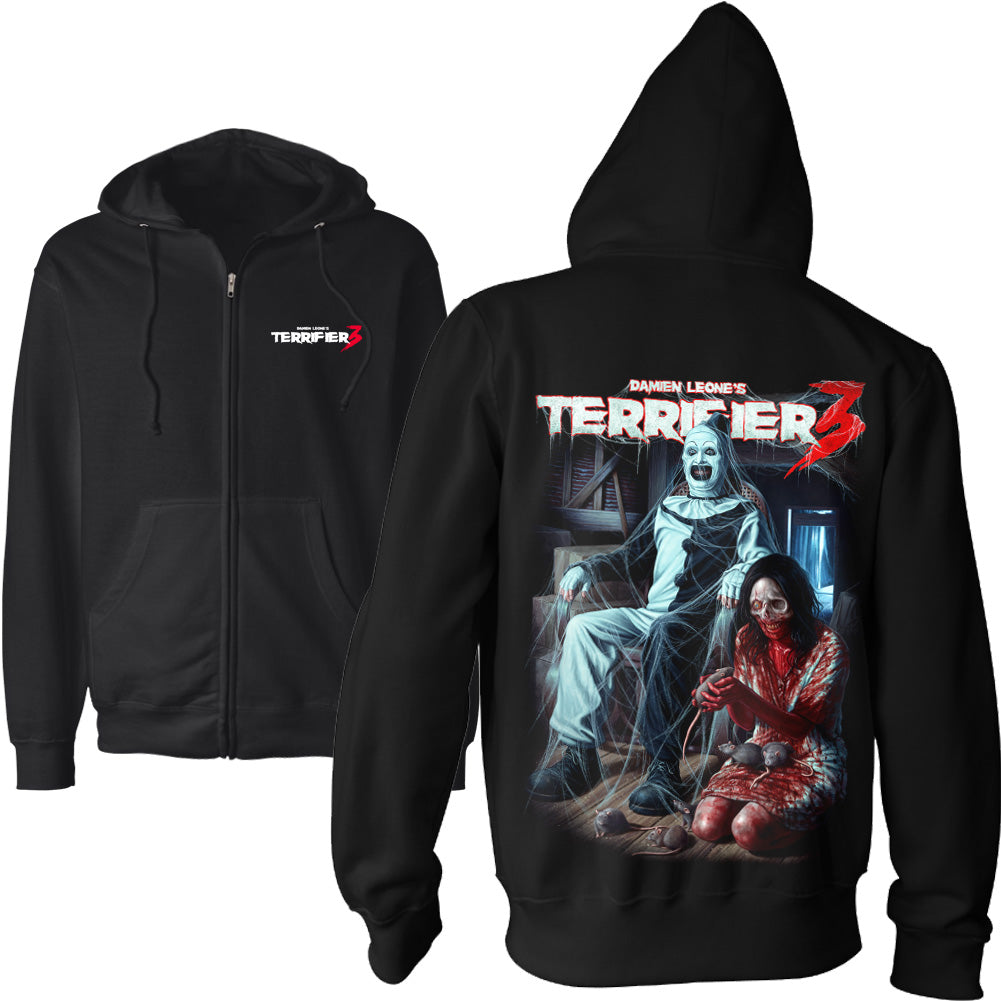 Terrifier 3 Terrors In The Attic zip hoodie with a Terrifier 3 logo on the front and a large back print of Art the Clown in a cobweb-covered attic scene with a blood-soaked figure and rats
