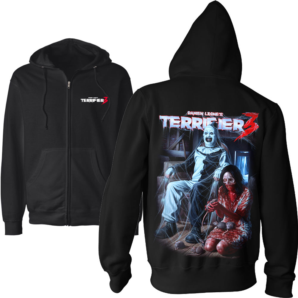 Terrifier 3 Terrors In The Attic zip hoodie with a Terrifier 3 logo on the front and a large back print of Art the Clown in a cobweb-covered attic scene with a blood-soaked figure and rats