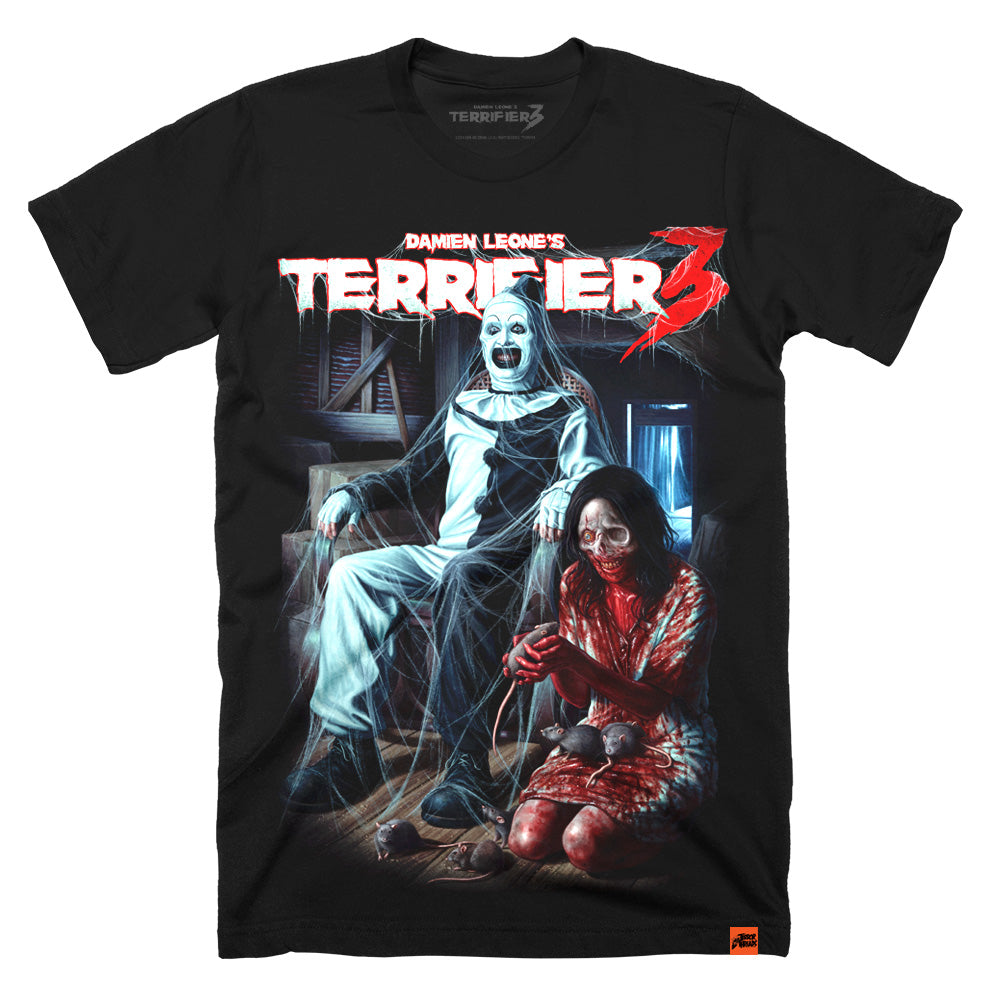 Terrifier 3 Terrors In The Attic T-shirt with Art the Clown sitting in a cobweb-covered rocking chair beside a blood-soaked figure and rats in a dark attic scene