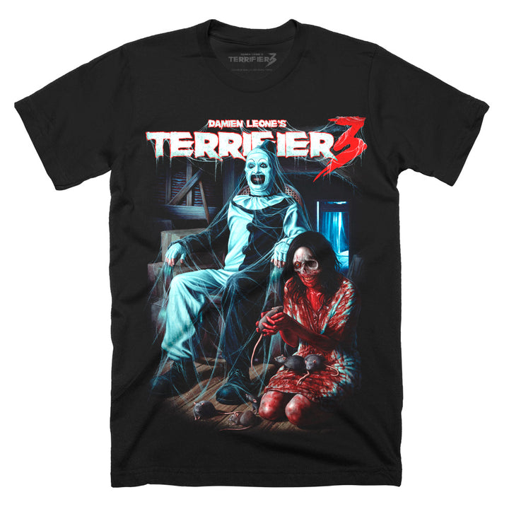 Black Terrifier 3 Terrors in the Attic classic tee featuring Art the Clown, Victoria, cobwebs and rats beneath the movie logo.