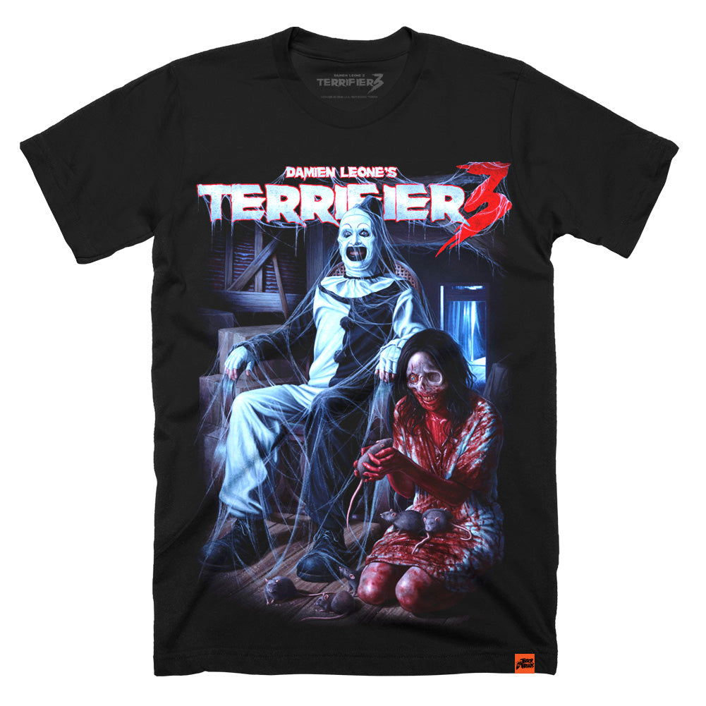 Terrifier 3 Terrors In The Attic T-shirt with Art the Clown sitting in a cobweb-covered rocking chair beside a blood-soaked figure and rats in a dark attic scene
