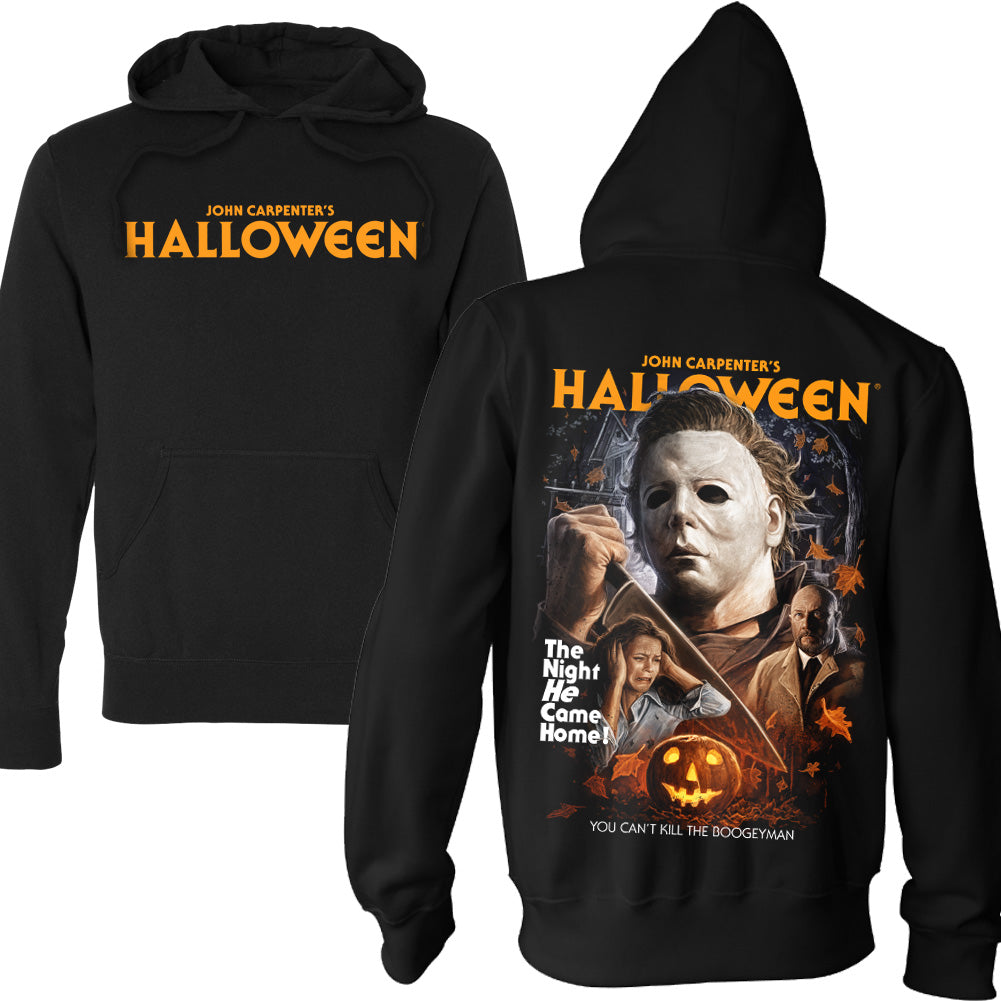 Halloween The Boogeyman Was Real Pullover Hoodie featuring Halloween logo on front and Michael Myers, Laurie Strode, Dr. Loomis and jack-o’-lantern graphic on back
