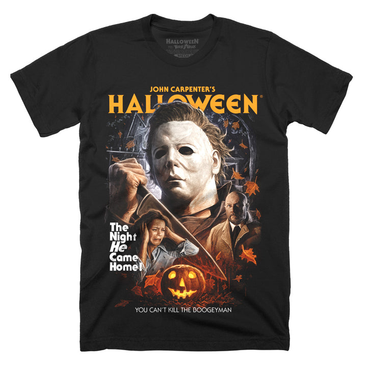Halloween The Boogeyman Was Real T-Shirt featuring Michael Myers, Laurie Strode, Dr. Loomis and a glowing jack-o’-lantern on a black Terror Threads tee
