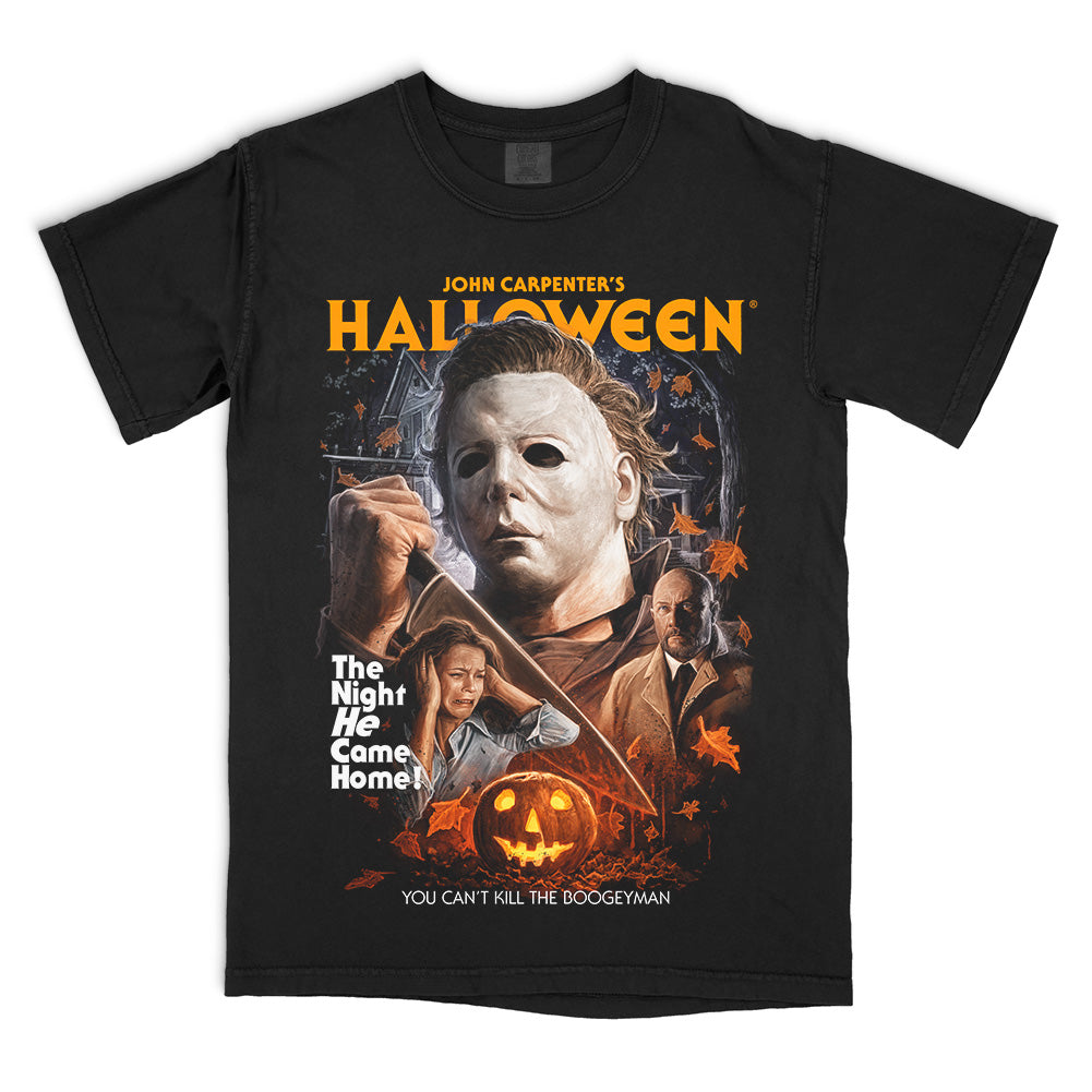 Halloween The Boogeyman Was Real T-Shirt featuring Michael Myers, Laurie Strode, Dr. Loomis and a glowing jack-o’-lantern on a black Comfort Colors tee