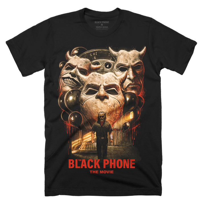 The Black Phone The Dream Is Real T-Shirt on a black Classic Terror Threads Tee featuring The Grabber, his sinister masks and black balloons