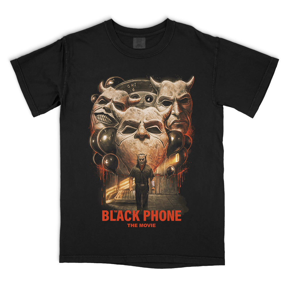 The Black Phone The Dream Is Real T-Shirt on a black Comfort Colors Tee featuring The Grabber, his sinister masks and black balloons