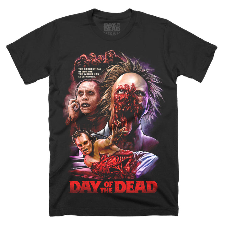 Day Of The Dead "They Are Us" T-Shirt on a black Classic Terror Threads tee featuring officially licensed zombie horror artwork inspired by George A. Romero's 1985 film.