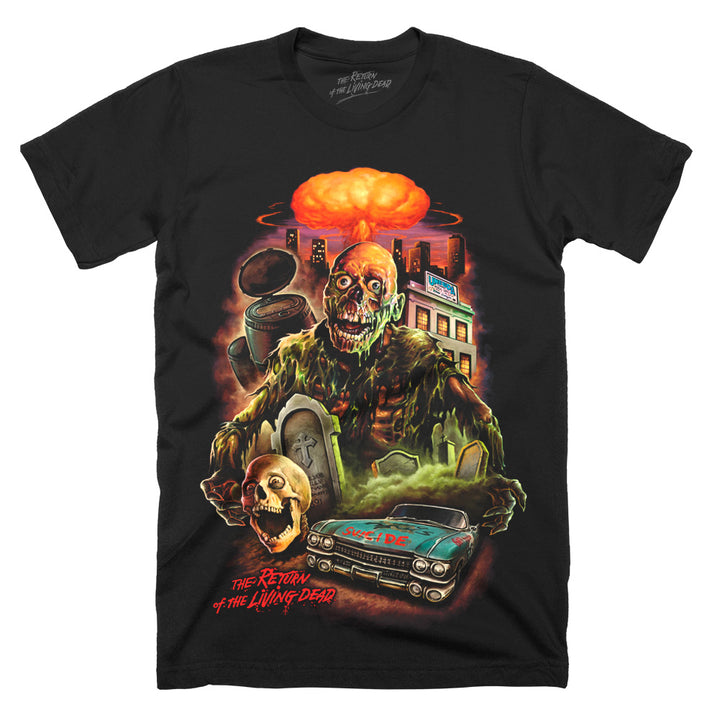 The Return of the Living Dead Total Incineration design printed on a black Terror Threads classic tee