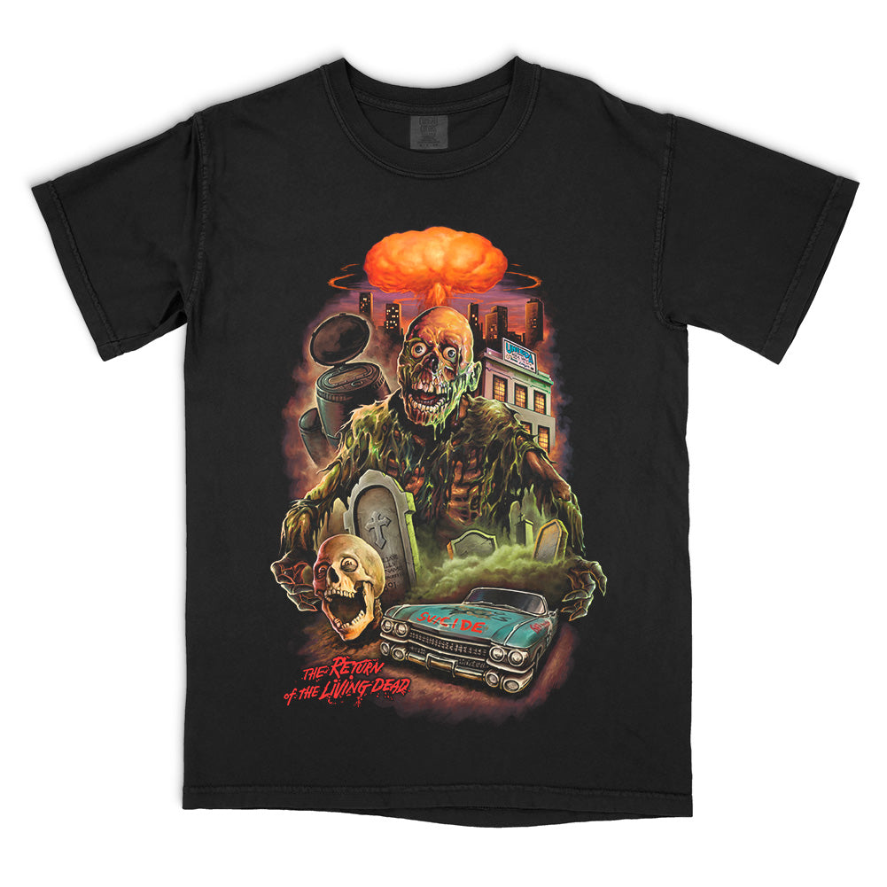 The Return of the Living Dead Total Incineration design printed on a black Comfort Colors tee
