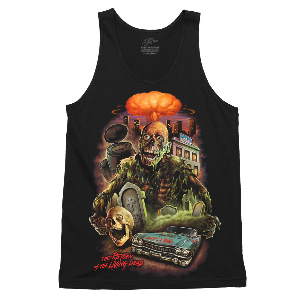 The Return of the Living Dead Total Incineration design printed on a black tank top