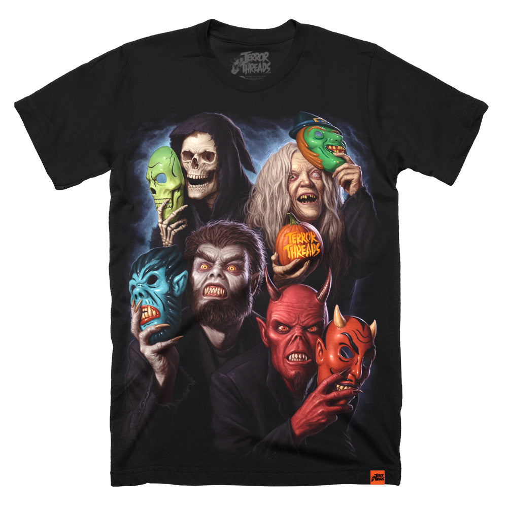 Terror Threads Original Two Faced Horror T-Shirt featuring classic monsters removing masks to reveal their true terrifying faces