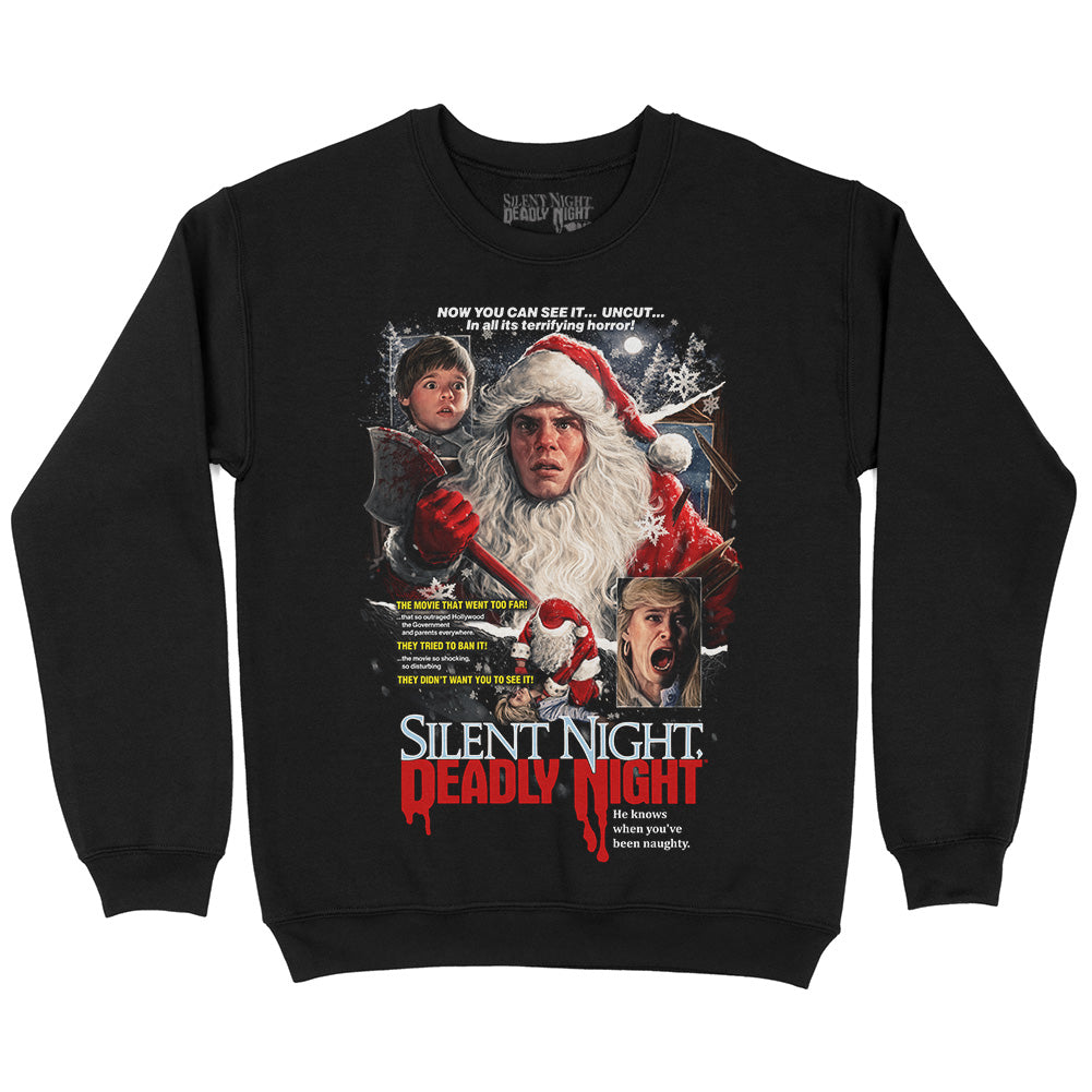 Silent Night Deadly Night Unholy Night Sweatshirt featuring killer Santa Claus with axe and vintage 80s horror artwork