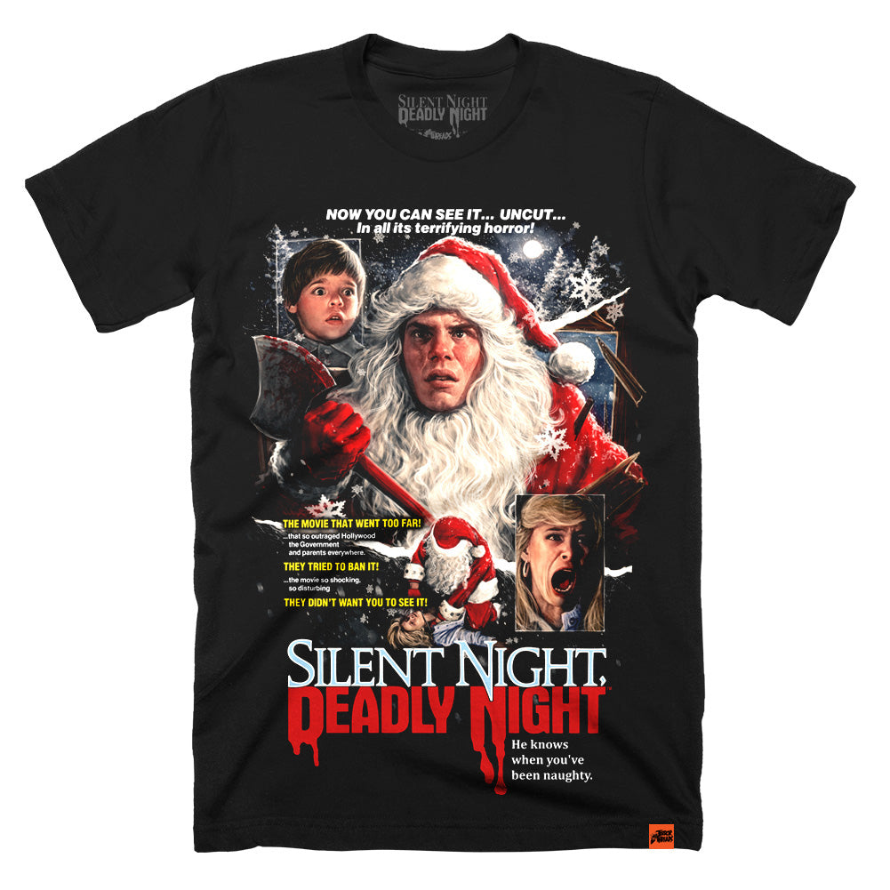 Silent Night Deadly Night Terrifying Horror T-Shirt featuring killer Santa Claus with axe and vintage horror movie artwork