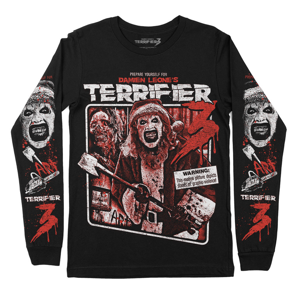 Officially licensed Terrifier 3 Unrated Terror black long sleeve T-shirt featuring Art the Clown with distressed red, white and black artwork on the front and sleeves.