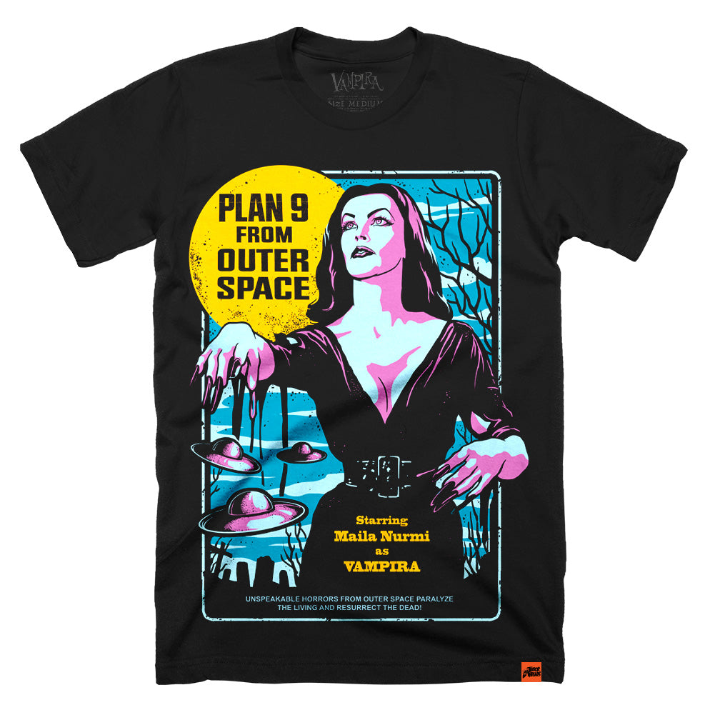 Vampira Unspeakable Horrors T-Shirt featuring retro sci-fi artwork inspired by Plan 9 from Outer Space with flying saucers and gothic horror imagery
