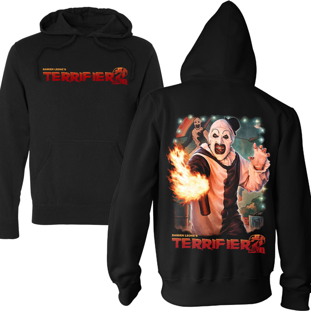Terrifier 2 Up In Flames Pullover Hoodie featuring Art the Clown with flamethrower back graphic and Terrifier 2 front logo